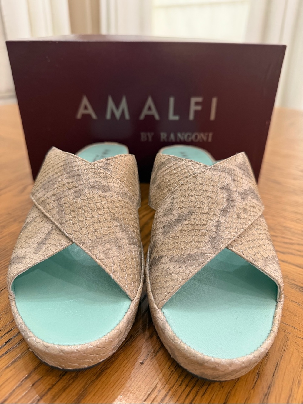 Beige and Gray Snake-Print Slide Wedge Italian Leather Sandals
